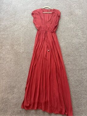 Elan Rust Maxi Swimsuit Coverup Dress with V-Neck and Tie Waist